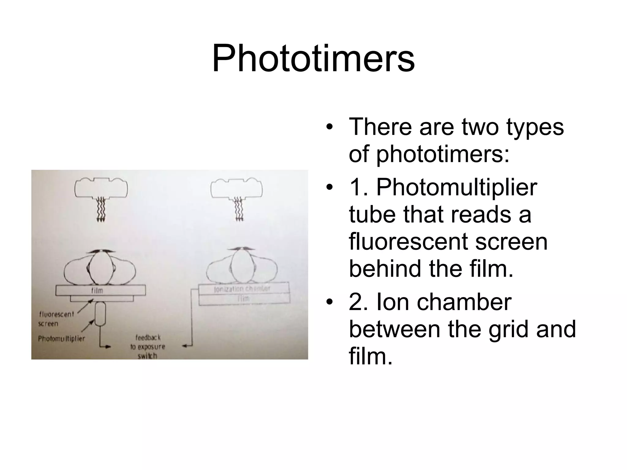 Phototimers There are two types of phototimers: 1. Photomultiplier tube that reads a fluorescent screen behind the film. 2. Ion chamber between the grid and film. 