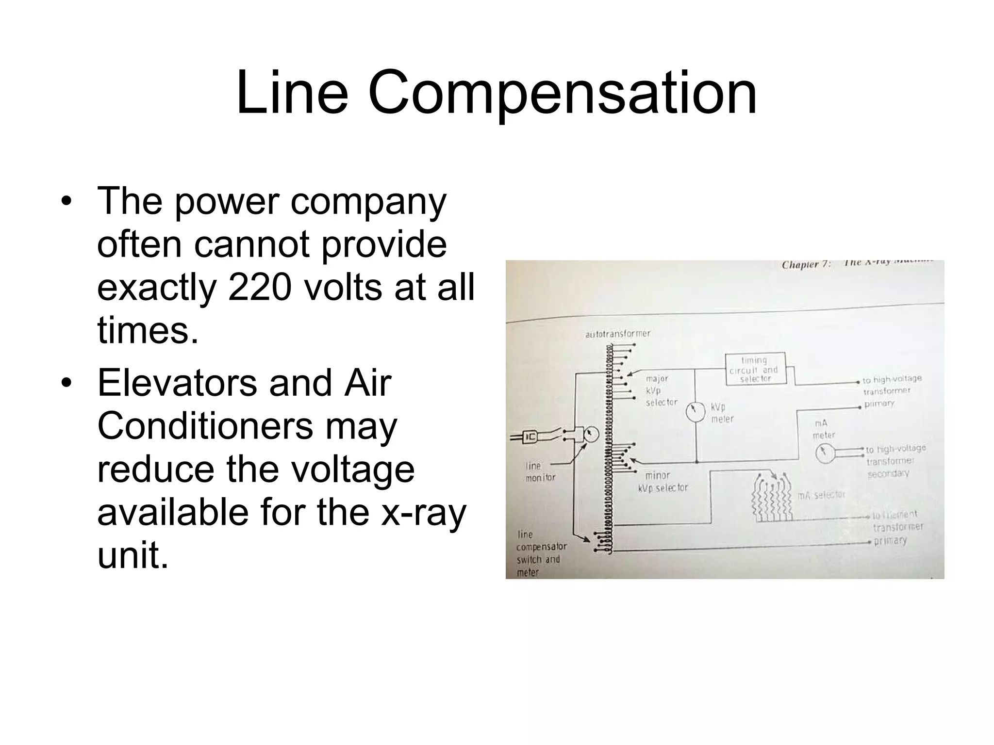 Line Compensation The power company often cannot provide exactly 220 volts at all times.  Elevators and Air Conditioners may reduce the voltage available for the x-ray unit. 