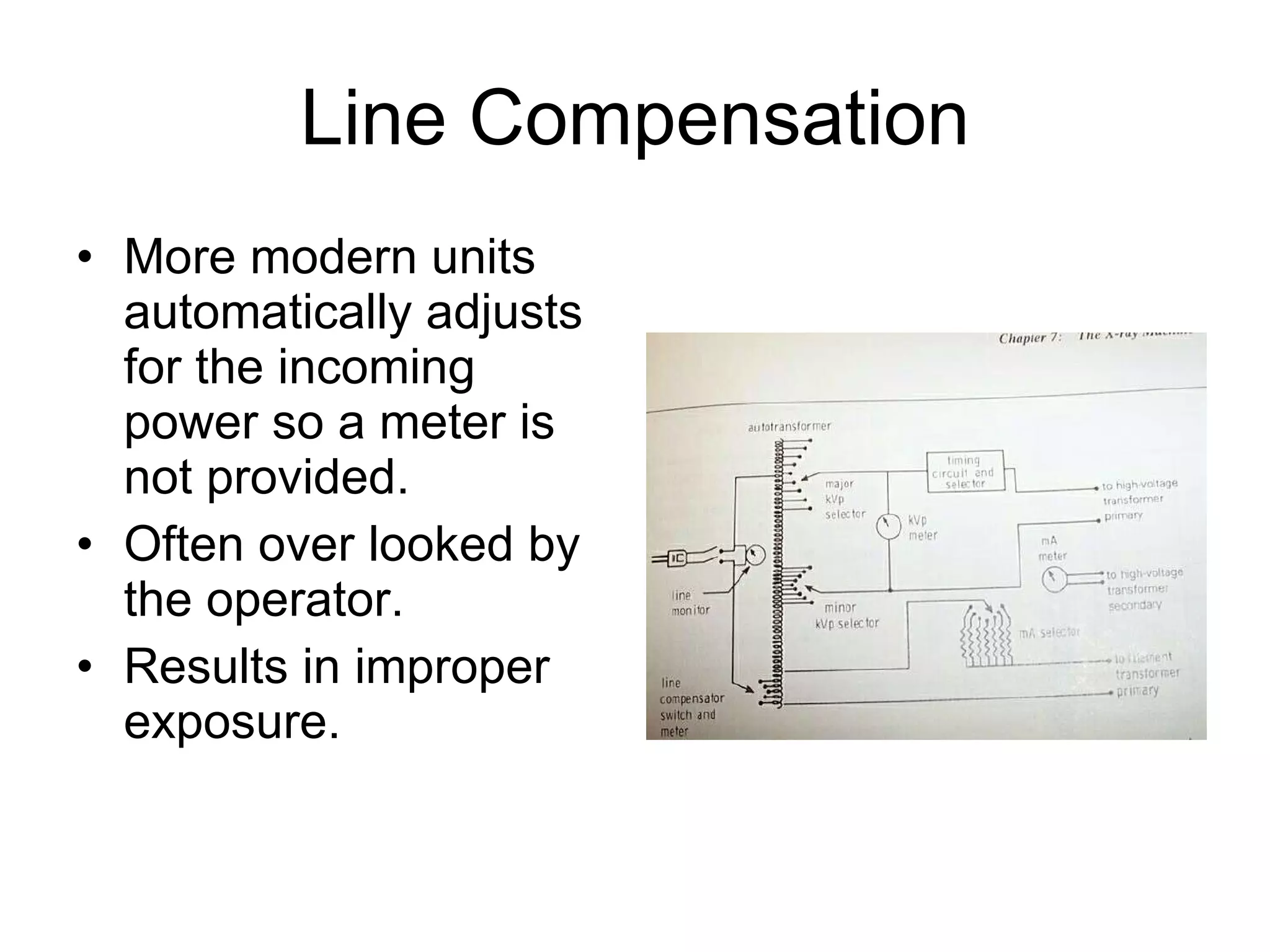 Line Compensation More modern units automatically adjusts for the incoming power so a meter is not provided. Often over looked by the operator. Results in improper exposure. 