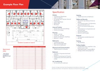 Example Floor Plan
Disclaimer: All images and information about the development are provided as an indication of the
likely style and specification of the development. These plans are not finalised and may be subject to change.
Specification
Kitchen
    Contemporary fitted kitchen
Under unit lighting
    Fan assisted oven, Induction Hob and 	 	
Extractor fan
Larder fridge/freezer
Washer/dryer
Microwave
Internal Finishes
    Internal doors with chrome fittings
Chrome ironmongery
Flooring
Hallway – laminate
    Living room - laminate
    Kitchen and bathrooms –tiled floors
Bedrooms – carpets
Bathrooms
    Contemporary fittings
Wall mounted shower head
Towel rail to all bathrooms
Electrical and Communication
Telephone points to living area
Bedroom
TV points to living area and principal
bedroom
    Satellite TV pre-wiring to all TV points
Contemporary white switch plates and
sockets
Air Conditioning
All units will be air conditioned
Heating
Heated towel rails to all bathrooms
Safety and Security
Key card for main entrance, lift and car 	
parking
CCTV entrance system in all apartments
with automated door entry
CCTV in all communal areas and car
park
Smoke detectors in all apartments and
communal areas
Secure parking space
Electronic external gates
External
Parking spaces available (basement)
Bin store
Parking
Secure parking
Ceiling Heights
    All apartments have a raised floor in the 	
bedroom area (1 step)
    Suspended ceilings - standard 680mm   
Average variable ceiling height 2.6m
05 06 07 08 09 10 11 12 13
18
17 16 15 1404 03 02 01
Gardens Located on Level 2
Apartment
sizes
- floor layout
arrangement
identical on each
floor
Apartment Number No of Bedrooms No of Bathrooms Apartment Size M2
Apartment Size F2
01 1 1 34.5 371.36
02 1 1 35.8 385.35
03 1 1 35.8 385.35
04 2 1 53.6 576.95
05 2 1 60.8 654.45
06 1 1 35.8 385.35
07 1 1 35.8 385.35
08 1 1 35.8 385.35
09 1 1 35.8 385.35
10 1 1 35.8 385.35
11 1 1 35.8 385.35
12 1 1 35.8 385.35
13 2 1 60.8 654.45
14 2 1 53.6 576.95
15 1 1 35.8 385.35
16 1 1 35.8 385.35
17 1 1 35.8 385.35
18 1 1 36.7 395.04
 