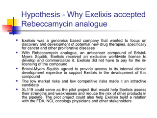 Hypothesis - Why Exelixis accepted Rebeccamycin analogue Exelixis was a genomics based company that wanted to focus on discovery and development of potential new drug therapies, specifically for cancer and other proliferative diseases With Rebeccamycin analogue, an anticancer compound of Bristol-Myers Squibb, Exelixis received an exclusive worldwide license to develop and commercialize it. Exelixis did not have to pay for the in-licensing of the compound Bristol-Myers Squibb agreed to provide access to its internal clinical development expertise to support Exelixis in the development of this compound  The low market risks and low competitive risks made it an attractive candidate XL119 could serve as the pilot project that would help Exelixis assess their strengths and weaknesses and reduce the risk of other products in the pipeline. The pilot project could also help Exelixis build a relation with the FDA, NCI, oncology physicians and other stakeholders 