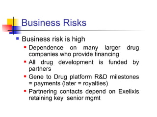 Business Risks Business risk is high Dependence on many larger drug companies who provide financing All drug development is funded by partners Gene to Drug platform R&D milestones = payments (later = royalties) Partnering contacts depend on Exelixis retaining key  senior mgmt  
