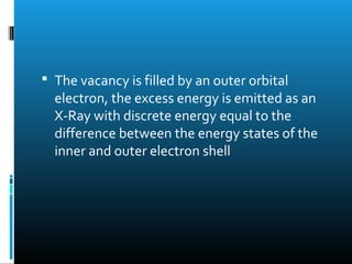  The vacancy is filled by an outer orbital 
electron, the excess energy is emitted as an 
X-Ray with discrete energy equal to the 
difference between the energy states of the 
inner and outer electron shell 
 