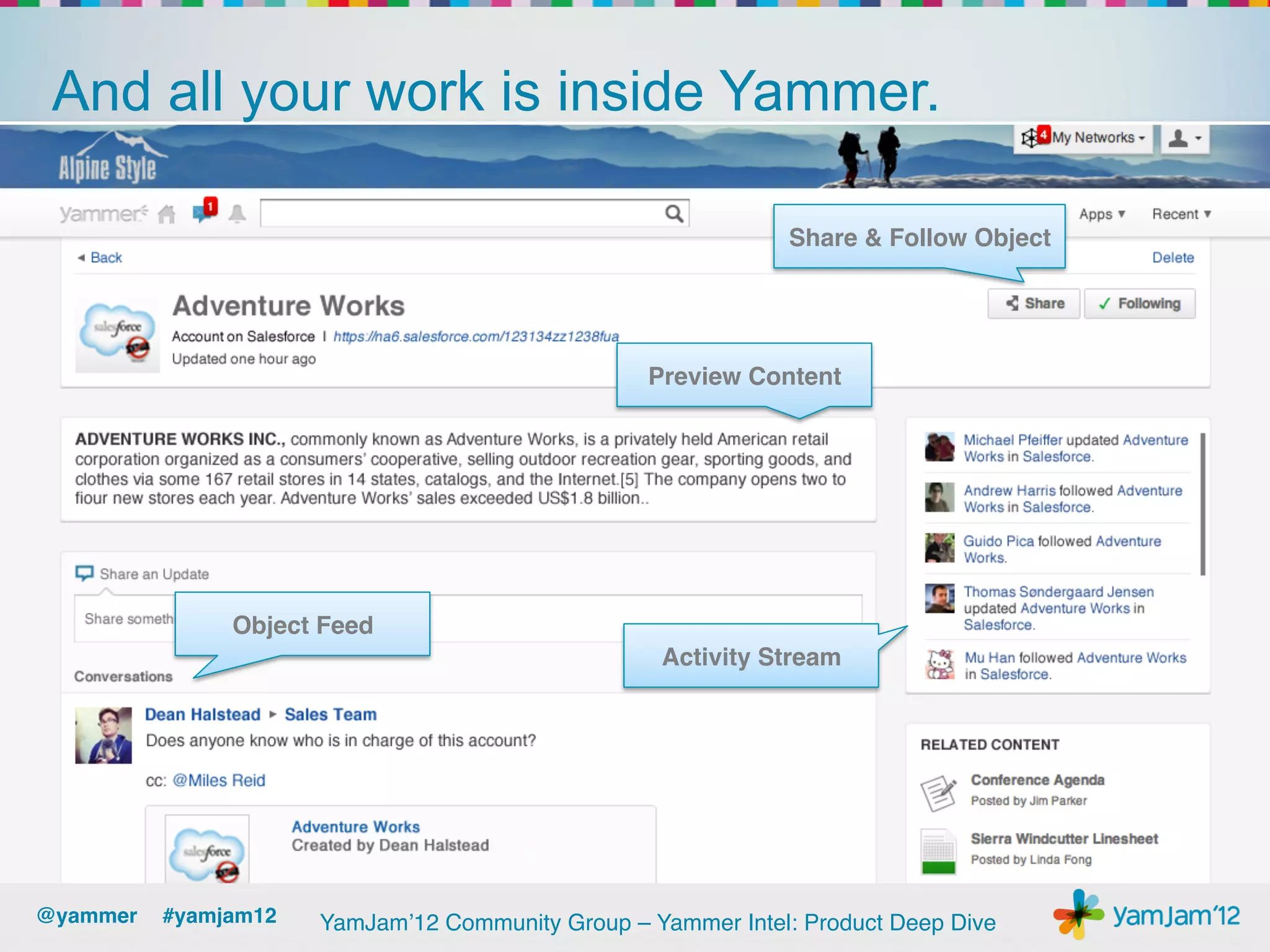 And all your work is inside Yammer.

                                                               Share & Follow Object!




                                                  Preview Content!




               Object Feed!
                                                    Activity Stream!




@yammer !#yamjam12!   YamJam’12 Community Group – Yammer Intel: Product Deep Dive!
 