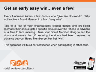 Get an early easy win…even a few!
Every fundraiser knows a few donors who “give like clockwork”. Why
not involve a Board Member in a few “easy wins”.
Talk to a few of your organisation’s closest donors and pre-solicit
(perhaps their annual gift) a specific amount over the ‘phone in advance
of a face to face meeting. Take your Board Member along to see the
donor and secure the gift knowing the donor had been prepared in
advance but your Board Member get her first “win”.
This approach will build her confidence when participating in other asks.
 