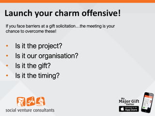 Launch your charm offensive!
If you face barriers at a gift solicitation…the meeting is your
chance to overcome these!
• Is it the project?
• Is it our organisation?
• Is it the gift?
• Is it the timing?
 