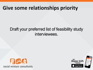 Give some relationships priority
Draft your preferred list of feasibility study
interviewees.
 