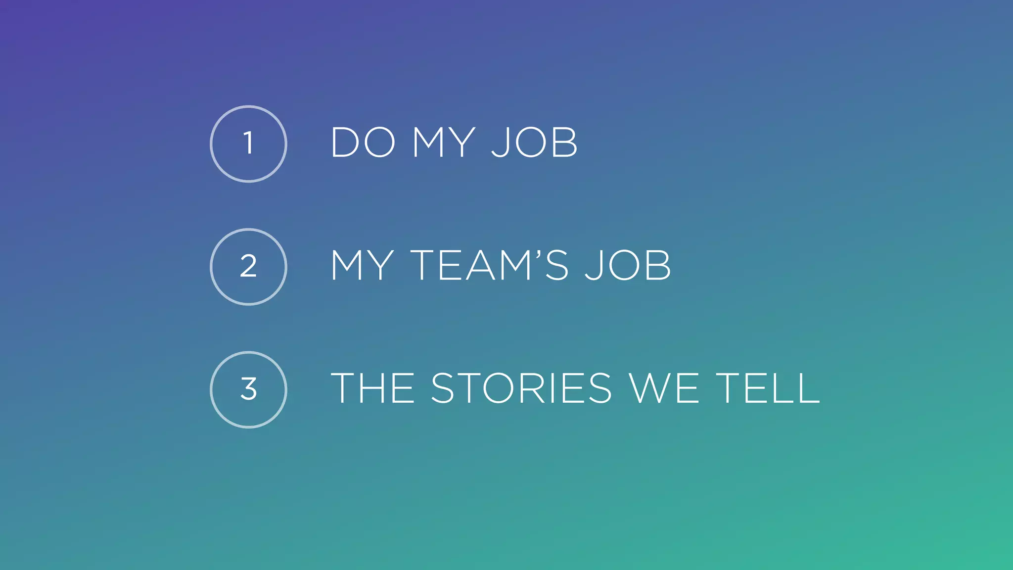 DO MY JOB
MY TEAM’S JOB
THE STORIES WE TELL3
1
2
 
