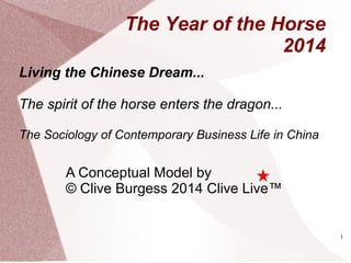 The Year of the Horse
2014
Living the Chinese Dream...
The spirit of the horse enters the dragon...
The Sociology of Contemporary Business Life in China

A Conceptual Model by
© Clive Burgess 2014 Clive Live™

1

 