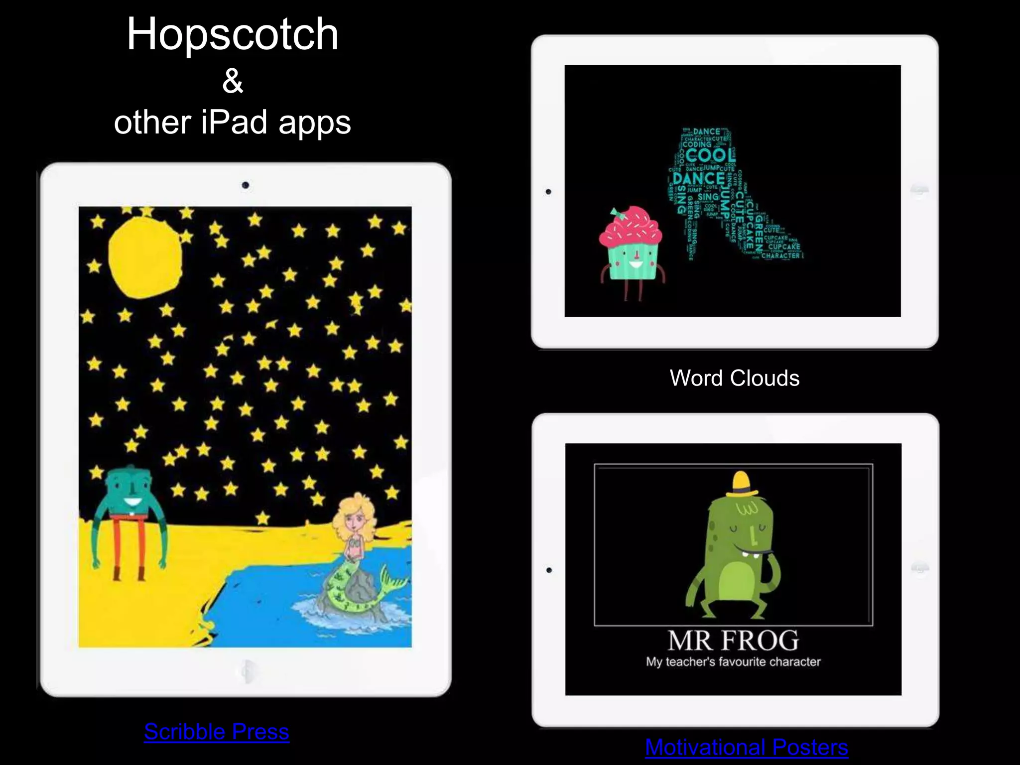Hopscotch
&
other iPad apps
Scribble Press
Word Clouds
Motivational Posters
 