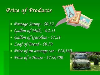 Price of Products Postage Stamp - $0.32 Gallon of Milk - %2.51 Gallon of Gasoline - $1.21 Loaf of Bread - $0.79 Price of an average car - $18,360 Price of a House - $158,700 
