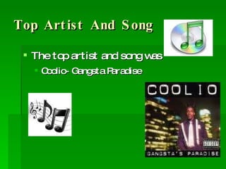 Top Artist And Song The top artist and song was Coolio- Gangsta Paradise 