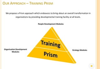 OUR APPROACH – TRAINING PRISM

 We propose a Prism approach which endeavors to bring about an overall transformation in
            organizations by providing developmental training facility at all levels.

                                     People Development Modules




Organisation Development                                                   Strategy Modules
        Modules
 