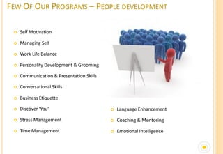 FEW OF OUR PROGRAMS – PEOPLE DEVELOPMENT

    Self Motivation

    Managing Self

    Work Life Balance

    Personality Development & Grooming

    Communication & Presentation Skills

    Conversational Skills

    Business Etiquette

    Discover ‘You’                           Language Enhancement

    Stress Management                        Coaching & Mentoring

    Time Management                          Emotional Intelligence
 