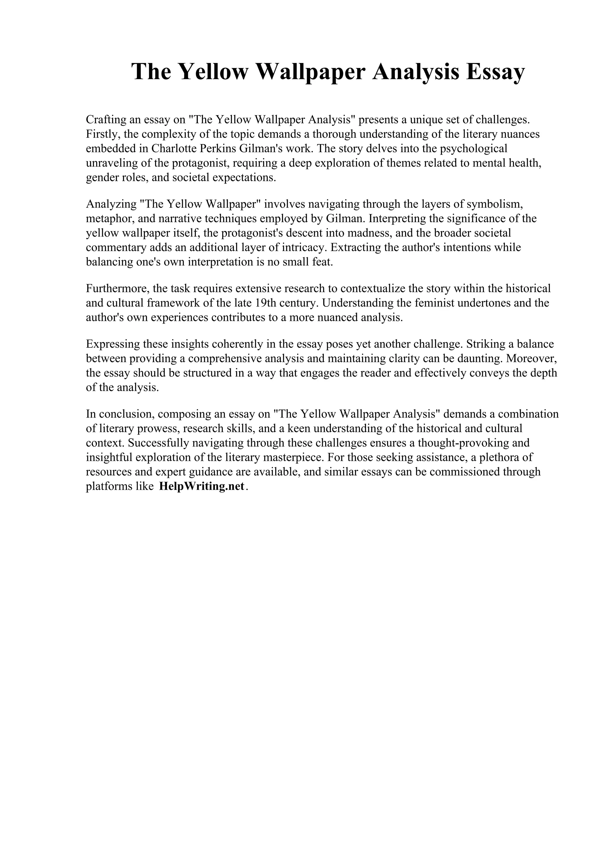 The Yellow Wallpaper Analysis Essay. Canisius College PDF