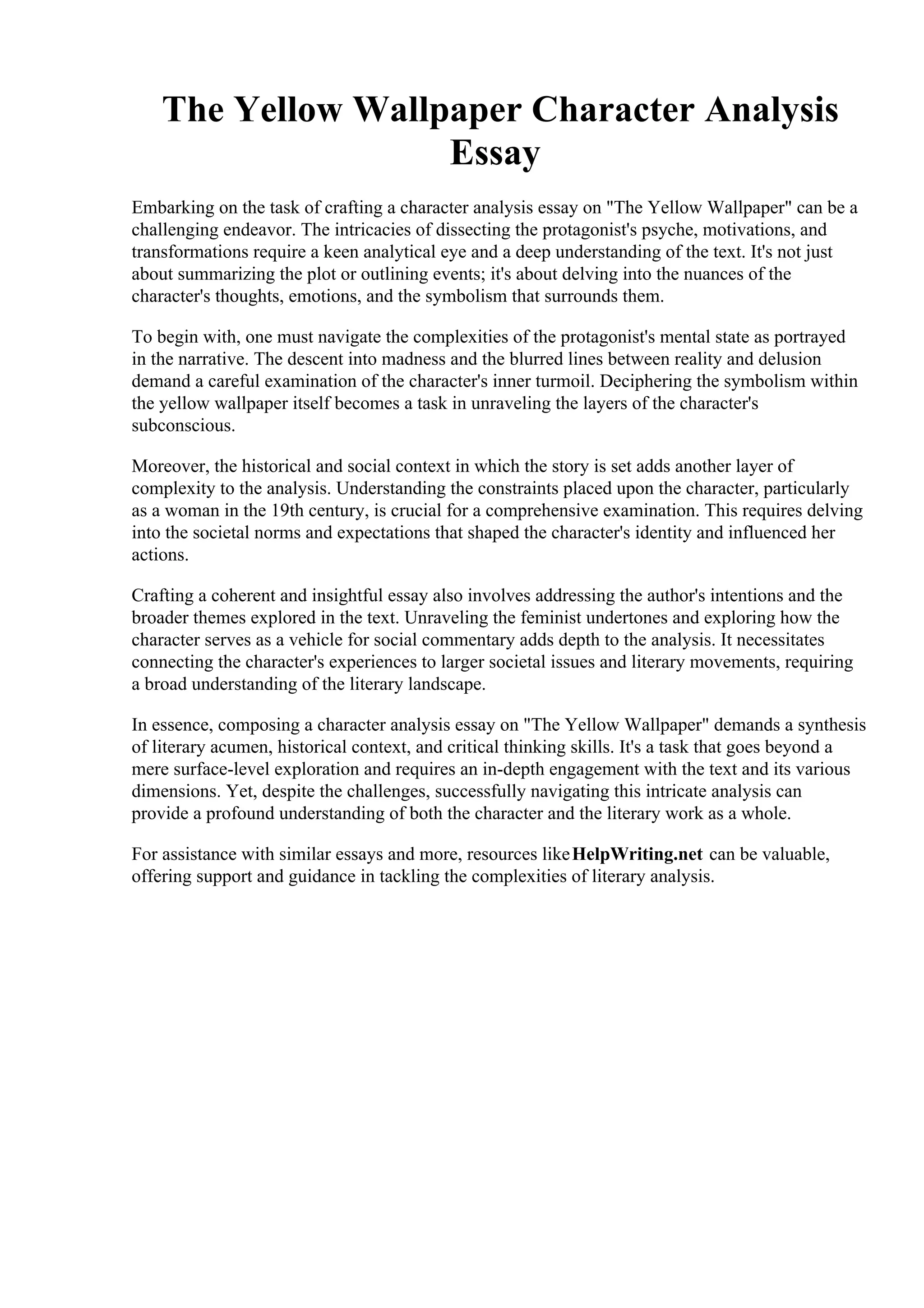 The Yellow Wallpaper Character Analysis Essay PDF