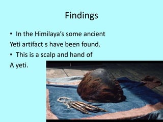 Findings
• In the Himilaya’s some ancient
Yeti artifact s have been found.
• This is a scalp and hand of
A yeti.
 