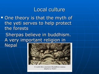 LLooccaall ccuullttuurree 
 OOnnee tthheeoorryy iiss tthhaatt tthhee mmyytthh ooff 
tthhee yyeettii sseerrvveess ttoo hheellpp pprrootteecctt 
tthhee ffoorreessttss 
SShheerrppaass bbeelliieevvee iinn bbuuddddhhiissmm.. 
AA vveerryy iimmppoorrttaanntt rreelliiggiioonn iinn 
NNeeppaall 
 