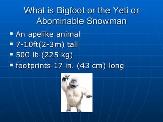 What is BBiiggffoooott oorr tthhee YYeettii oorr 
AAbboommiinnaabbllee SSnnoowwmmaann 
 AAnn aappeelliikkee aanniimmaall 
 77--1100fftt((22--33mm)) ttaallll 
 550000 llbb ((222255 kkgg)) 
 ffoooottpprriinnttss 1177 iinn.. ((4433 ccmm)) lloonngg 
 