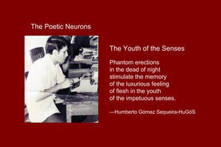 The Youth of the Senses
Phantom erections
in the dead of night
stimulate the memory
of the luxurious feeling
of flesh in the youth
of the impetuous senses.
—Humberto Gómez Sequeira-HuGóS
The Poetic Neurons
 