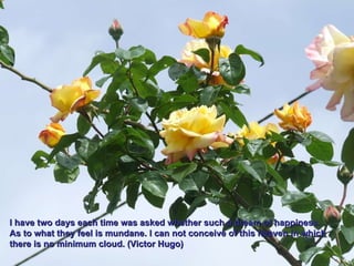 I have two days each time was asked whether such a dream of happiness. As to what they feel is mundane. I can not conceive of this heaven in which there is no minimum cloud. (Victor Hugo) 