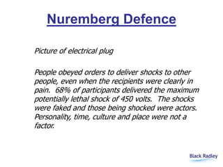 Nuremberg Defence
Picture of electrical plug
People obeyed orders to deliver shocks to other
people, even when the recipie...