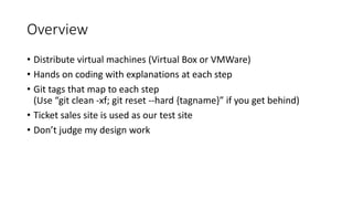 Overview
• Distribute virtual machines (Virtual Box or VMWare)
• Hands on coding with explanations at each step
• Git tags that map to each step
(Use “git clean -xf; git reset --hard {tagname}” if you get behind)
• Ticket sales site is used as our test site
• Don’t judge my design work
 