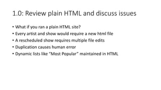 1.0: Review plain HTML and discuss issues
• What if you ran a plain HTML site?
• Every artist and show would require a new html file
• A rescheduled show requires multiple file edits
• Duplication causes human error
• Dynamic lists like “Most Popular” maintained in HTML
 