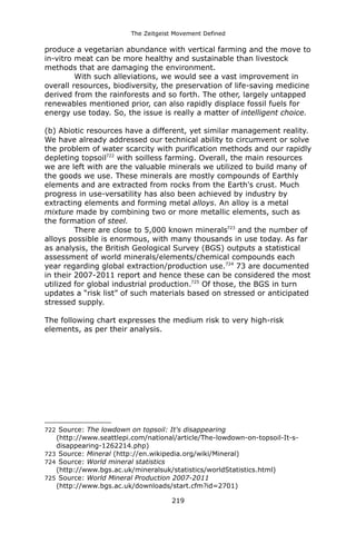 The Zeitgeist Movement Defined 
produce a vegetarian abundance with vertical farming and the move to in-vitro meat can be more healthy and sustainable than livestock methods that are damaging the environment. 
With such alleviations, we would see a vast improvement in overall resources, biodiversity, the preservation of life-saving medicine derived from the rainforests and so forth. The other, largely untapped renewables mentioned prior, can also rapidly displace fossil fuels for energy use today. So, the issue is really a matter of intelligent choice. 
(b) Abiotic resources have a different, yet similar management reality. We have already addressed our technical ability to circumvent or solve the problem of water scarcity with purification methods and our rapidly depleting topsoil722 with soilless farming. Overall, the main resources we are left with are the valuable minerals we utilized to build many of the goods we use. These minerals are mostly compounds of Earthly elements and are extracted from rocks from the Earth's crust. Much progress in use-versatility has also been achieved by industry by extracting elements and forming metal alloys. An alloy is a metal mixture made by combining two or more metallic elements, such as the formation of steel. 
There are close to 5,000 known minerals723 and the number of alloys possible is enormous, with many thousands in use today. As far as analysis, the British Geological Survey (BGS) outputs a statistical assessment of world minerals/elements/chemical compounds each year regarding global extraction/production use.724 73 are documented in their 2007-2011 report and hence these can be considered the most utilized for global industrial production.725 Of those, the BGS in turn updates a “risk list” of such materials based on stressed or anticipated stressed supply. 
The following chart expresses the medium risk to very high-risk elements, as per their analysis. 
722 Source: The lowdown on topsoil: It's disappearing (http://www.seattlepi.com/national/article/The-lowdown-on-topsoil-It-s- disappearing-1262214.php) 
723 Source: Mineral (http://en.wikipedia.org/wiki/Mineral) 
724 Source: World mineral statistics (http://www.bgs.ac.uk/mineralsuk/statistics/worldStatistics.html) 
725 Source: World Mineral Production 2007-2011 (http://www.bgs.ac.uk/downloads/start.cfm?id=2701) 
219 
 