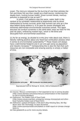 The Zeitgeist Movement Defined 
ocean. The mercury released by the burning of coal then pollutes the fish and those fish are then caught as a food source, containing this deadly toxin, hurting human health. Given current trends, mercury pollution is expected to rise as well.833 
In short, if all patterns stay the same, water, both in the context of its symbiotic relationship to biodiversity and its direct relationship to human survival, given that humans can only go a few days before dying without it, is on pace for severe shortages and extremely detrimental environmental outcomes overall. This again assumes we conduct ourselves in the same basic ways we have for the past 50 years, embracing market logic, which is life-blind and decoupled from environmental awareness. 
(c) As far as energy, as alluded to in the prior note about coal, there is literally nothing positive about any fossil fuel combustion process when it comes to environmental sustainability.834 These means will always have a detrimental footprint and it can only get worse as population and industry increases.835 Compounding this is also the fact that such resources are non-renewable and ensuing scarcity is simply a matter of time. 
Reproduced from Dr Michael R. Smith, CEO of Globalshift Ltd.836 
833 Source: Mercury contamination in fish expected to rise in coming decades (http://www.cbsnews.com/news/mercury-contamination-in-fish-expected- to-rise-in-coming-decades/) 
834 Reference: The Hidden Cost of Fossil Fuels (http://www.ucsusa.org/clean_energy/our-energy-choices/coal-and-other- fossil-fuels/the-hidden-cost-of-fossil.html) 
835 Reference: Leaked UN Report: If We Don't Stop Polluting Now, We May Never Have The Technology To Save Ourselves (http://www.businessinsider.com/leaked-un-draft-report-on-climate-change- 2014-1) 
836 See globalshift.co.uk for more country details. 
294 
 