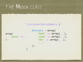 THE MEDIA CLASS
Media::type('mobile', array('text/html'), array(
    'view' => 'lithiumtemplateView',
    'paths' => array...