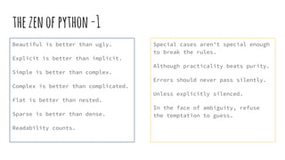 thezenofpython-1
Beautiful is better than ugly.
Explicit is better than implicit.
Simple is better than complex.
Complex is better than complicated.
Flat is better than nested.
Sparse is better than dense.
Readability counts.
Special cases aren’t special enough
to break the rules.
Although practicality beats purity.
Errors should never pass silently.
Unless explicitly silenced.
In the face of ambiguity, refuse
the temptation to guess.
 