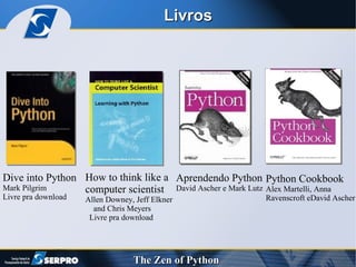 Dive into Python Mark Pilgrim Livre pra download Aprendendo Python David Ascher e Mark Lutz  Python Cookbook Alex Martelli, Anna Ravenscroft eDavid Ascher How to think like a computer scientist Allen Downey, Jeff Elkner  and Chris Meyers Livre pra download Livros  