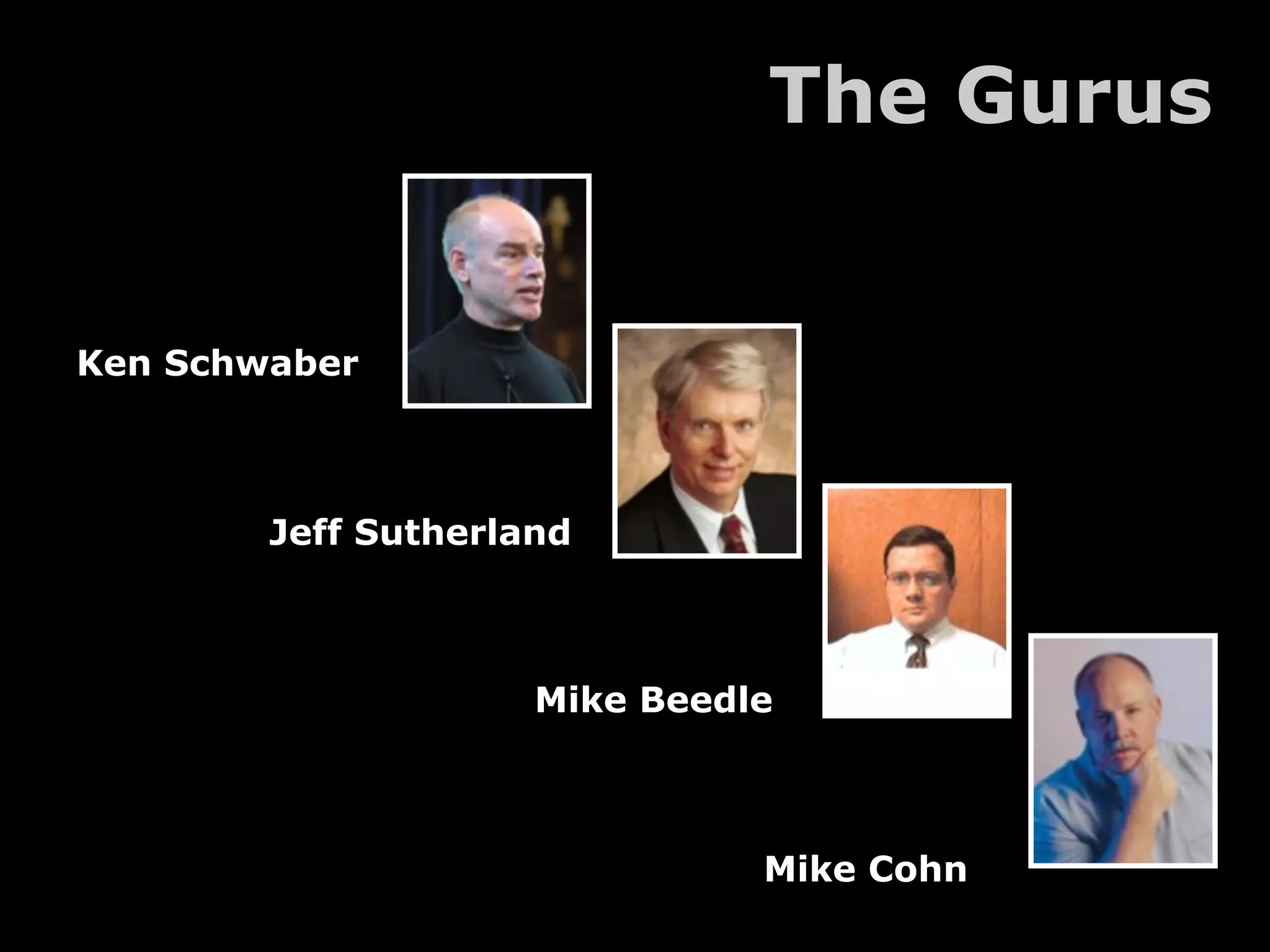 The Gurus


Ken Schwaber



        Jeff Sutherland



                     Mike Beedle



                               Mike Cohn
 