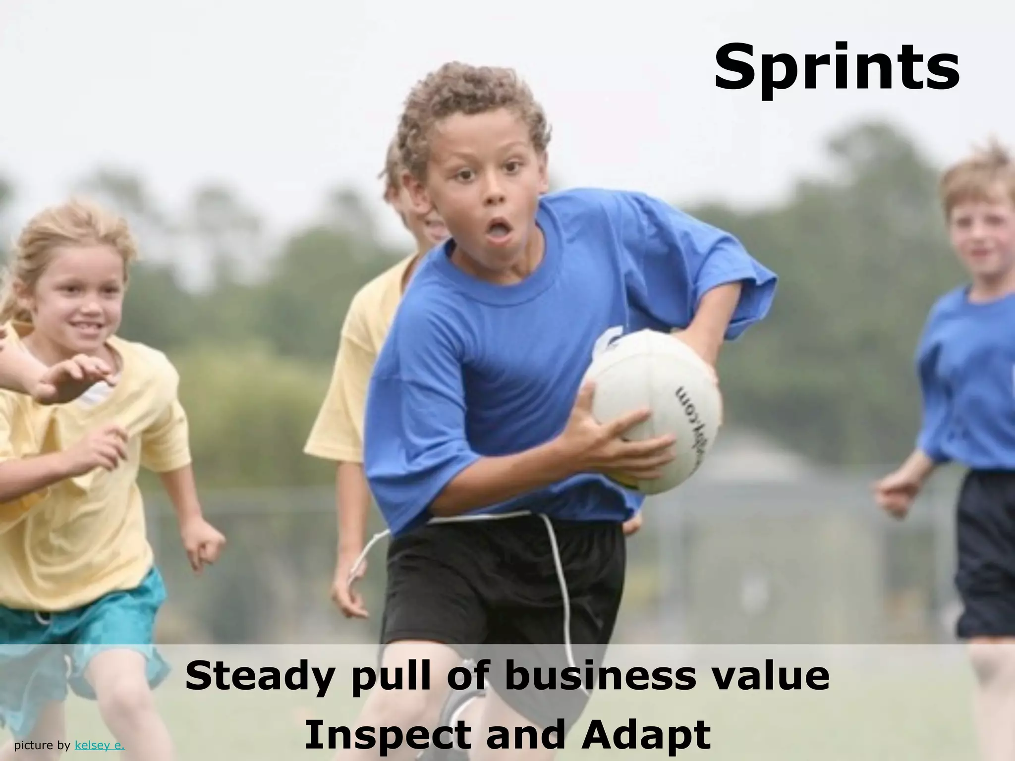Sprints




                       Steady pull of business value
picture by kelsey e.        Inspect and Adapt
 