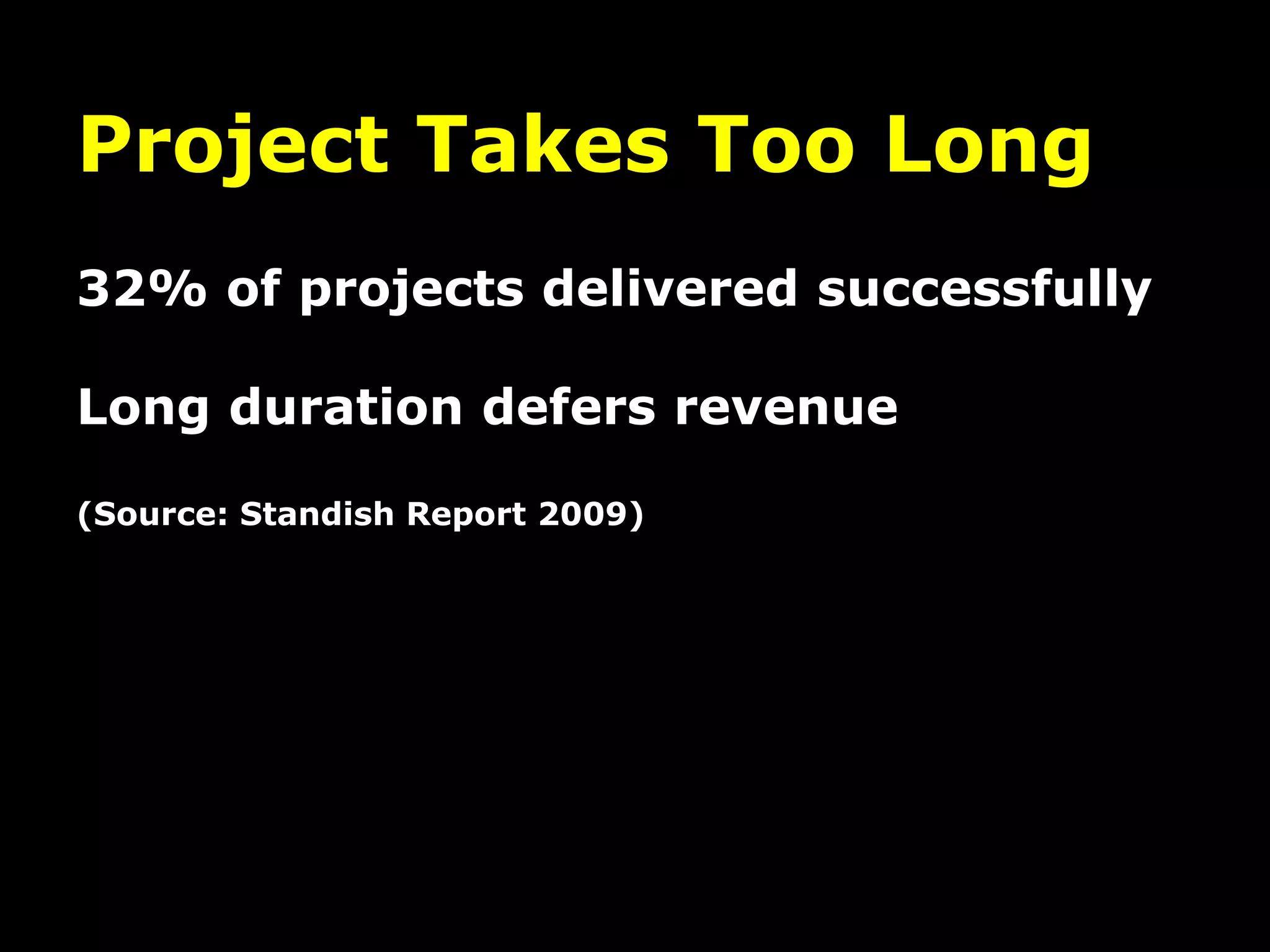 Project Takes Too Long
32% of projects delivered successfully
Long duration defers revenue
(Source: Standish Report 2009)
 