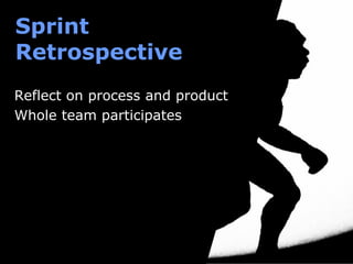Sprint Retrospective
What to start doing
What to stop doing
What to continue doing
(Product Owner not required)
 