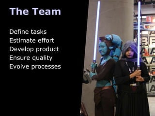 The Team

Define tasks
Estimate effort
Develop product
Ensure quality
Evolve processes
 