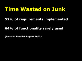 Time Wasted on Junk
52% of requirements implemented

64% of functionality rarely used

(Source: Standish Report 2003)
 
