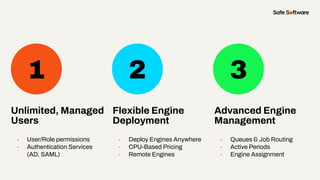 1 2 3
Unlimited, Managed
Users
- User/Role permissions
- Authentication Services
(AD, SAML)
Flexible Engine
Deployment
- Deploy Engines Anywhere
- CPU-Based Pricing
- Remote Engines
Advanced Engine
Management
- Queues & Job Routing
- Active Periods
- Engine Assignment
 