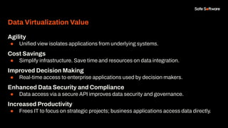 Data Virtualization Value
Agility
● Uniﬁed view isolates applications from underlying systems.
Cost Savings
● Simplify infrastructure. Save time and resources on data integration.
Improved Decision Making
● Real-time access to enterprise applications used by decision makers.
Enhanced Data Security and Compliance
● Data access via a secure API improves data security and governance.
Increased Productivity
● Frees IT to focus on strategic projects; business applications access data directly.
 