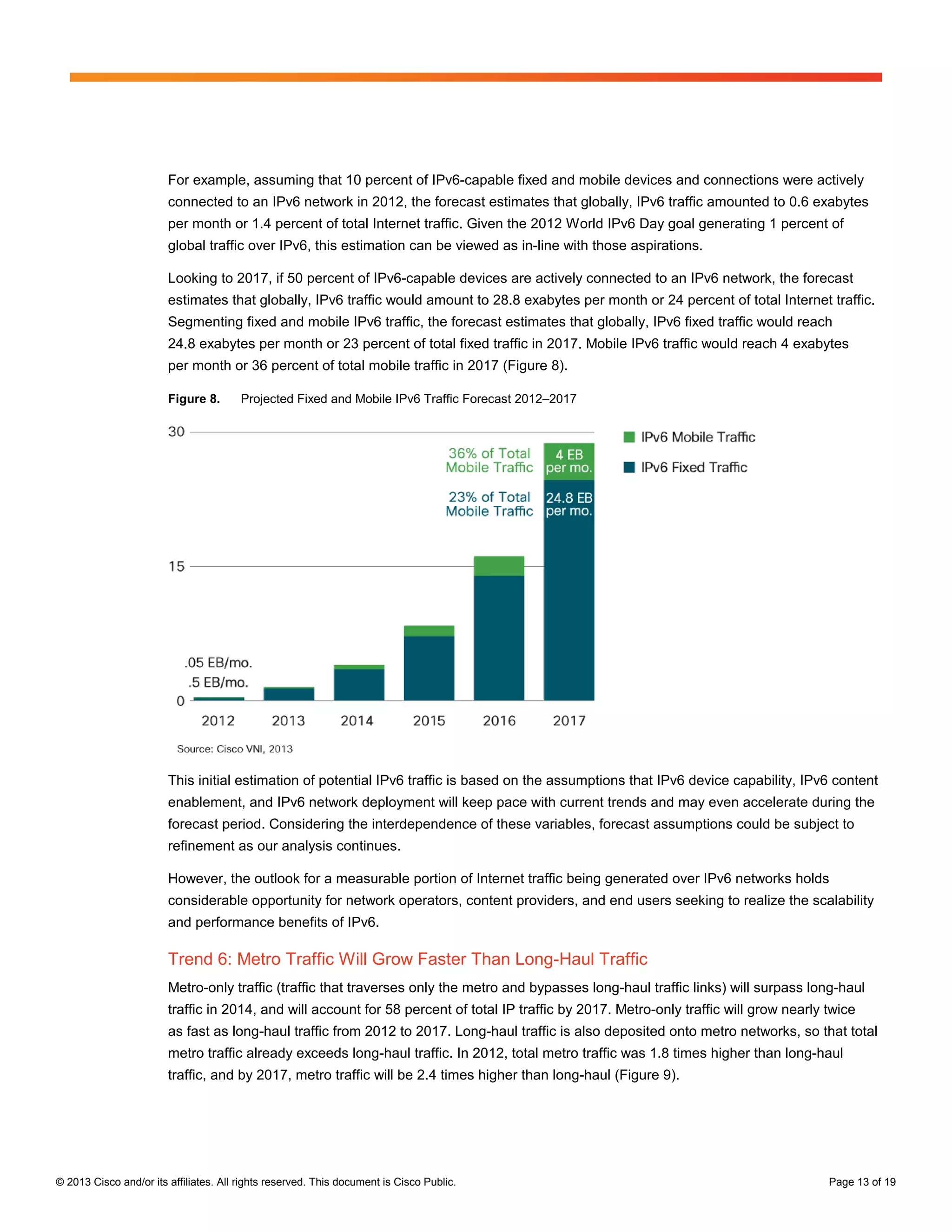 © 2013 Cisco and/or its affiliates. All rights reserved. This document is Cisco Public. Page 13 of 19
For example, assuming that 10 percent of IPv6-capable fixed and mobile devices and connections were actively
connected to an IPv6 network in 2012, the forecast estimates that globally, IPv6 traffic amounted to 0.6 exabytes
per month or 1.4 percent of total Internet traffic. Given the 2012 World IPv6 Day goal generating 1 percent of
global traffic over IPv6, this estimation can be viewed as in-line with those aspirations.
Looking to 2017, if 50 percent of IPv6-capable devices are actively connected to an IPv6 network, the forecast
estimates that globally, IPv6 traffic would amount to 28.8 exabytes per month or 24 percent of total Internet traffic.
Segmenting fixed and mobile IPv6 traffic, the forecast estimates that globally, IPv6 fixed traffic would reach
24.8 exabytes per month or 23 percent of total fixed traffic in 2017. Mobile IPv6 traffic would reach 4 exabytes
per month or 36 percent of total mobile traffic in 2017 (Figure 8).
Figure 8. Projected Fixed and Mobile IPv6 Traffic Forecast 2012–2017
This initial estimation of potential IPv6 traffic is based on the assumptions that IPv6 device capability, IPv6 content
enablement, and IPv6 network deployment will keep pace with current trends and may even accelerate during the
forecast period. Considering the interdependence of these variables, forecast assumptions could be subject to
refinement as our analysis continues.
However, the outlook for a measurable portion of Internet traffic being generated over IPv6 networks holds
considerable opportunity for network operators, content providers, and end users seeking to realize the scalability
and performance benefits of IPv6.
Trend 6: Metro Traffic Will Grow Faster Than Long-Haul Traffic
Metro-only traffic (traffic that traverses only the metro and bypasses long-haul traffic links) will surpass long-haul
traffic in 2014, and will account for 58 percent of total IP traffic by 2017. Metro-only traffic will grow nearly twice
as fast as long-haul traffic from 2012 to 2017. Long-haul traffic is also deposited onto metro networks, so that total
metro traffic already exceeds long-haul traffic. In 2012, total metro traffic was 1.8 times higher than long-haul
traffic, and by 2017, metro traffic will be 2.4 times higher than long-haul (Figure 9).
 