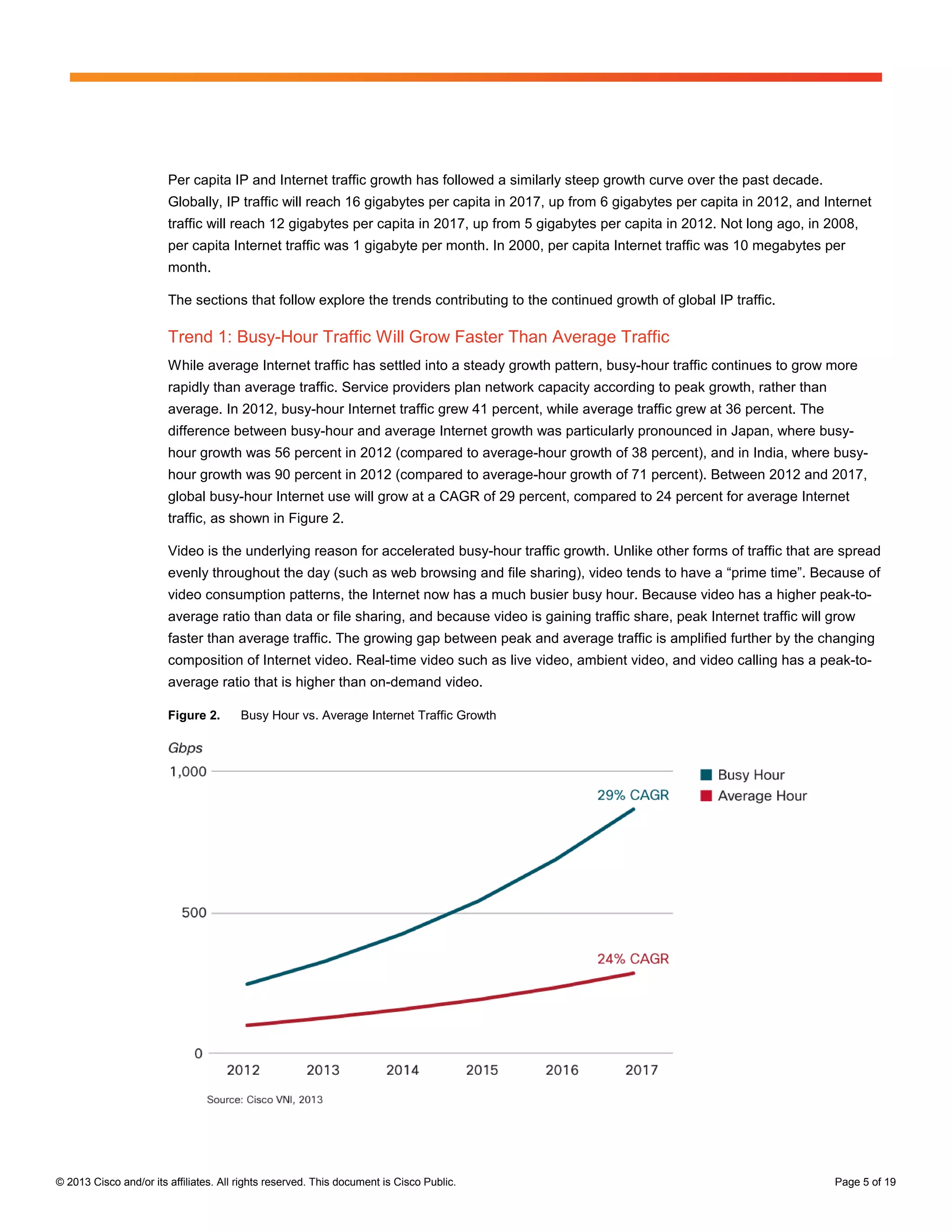 © 2013 Cisco and/or its affiliates. All rights reserved. This document is Cisco Public. Page 5 of 19
Per capita IP and Internet traffic growth has followed a similarly steep growth curve over the past decade.
Globally, IP traffic will reach 16 gigabytes per capita in 2017, up from 6 gigabytes per capita in 2012, and Internet
traffic will reach 12 gigabytes per capita in 2017, up from 5 gigabytes per capita in 2012. Not long ago, in 2008,
per capita Internet traffic was 1 gigabyte per month. In 2000, per capita Internet traffic was 10 megabytes per
month.
The sections that follow explore the trends contributing to the continued growth of global IP traffic.
Trend 1: Busy-Hour Traffic Will Grow Faster Than Average Traffic
While average Internet traffic has settled into a steady growth pattern, busy-hour traffic continues to grow more
rapidly than average traffic. Service providers plan network capacity according to peak growth, rather than
average. In 2012, busy-hour Internet traffic grew 41 percent, while average traffic grew at 36 percent. The
difference between busy-hour and average Internet growth was particularly pronounced in Japan, where busy-
hour growth was 56 percent in 2012 (compared to average-hour growth of 38 percent), and in India, where busy-
hour growth was 90 percent in 2012 (compared to average-hour growth of 71 percent). Between 2012 and 2017,
global busy-hour Internet use will grow at a CAGR of 29 percent, compared to 24 percent for average Internet
traffic, as shown in Figure 2.
Video is the underlying reason for accelerated busy-hour traffic growth. Unlike other forms of traffic that are spread
evenly throughout the day (such as web browsing and file sharing), video tends to have a “prime time”. Because of
video consumption patterns, the Internet now has a much busier busy hour. Because video has a higher peak-to-
average ratio than data or file sharing, and because video is gaining traffic share, peak Internet traffic will grow
faster than average traffic. The growing gap between peak and average traffic is amplified further by the changing
composition of Internet video. Real-time video such as live video, ambient video, and video calling has a peak-to-
average ratio that is higher than on-demand video.
Figure 2. Busy Hour vs. Average Internet Traffic Growth
 