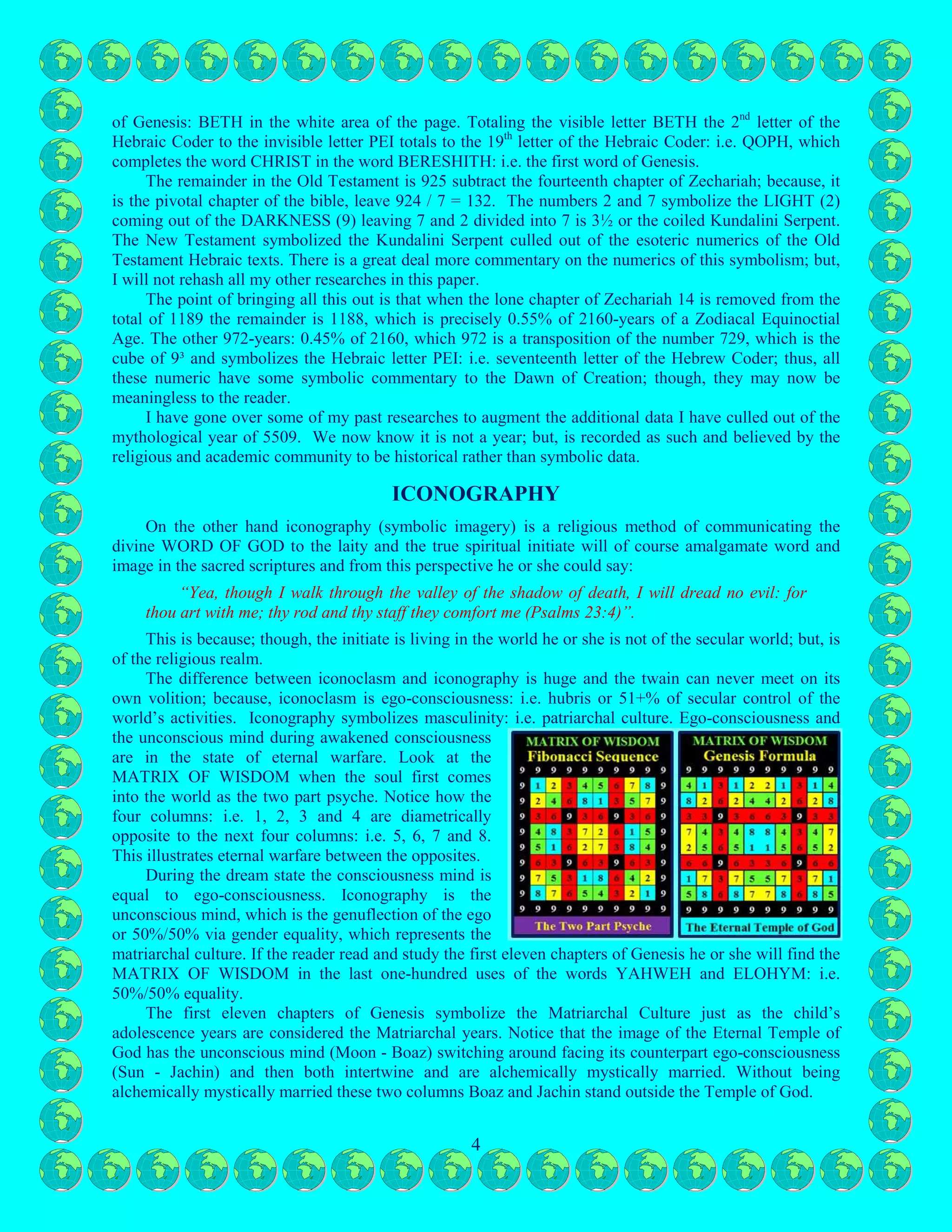 4
The fact that the Early Christian Fathers chose 5509BC as the starting date of creation they were
obviously augmenting Saint John’s gospel prologue and the first word of Genesis: BERESHTH; but,
doing it this way shows they were deeply into the knowledge of the Precession of the Equinoxes
otherwise the date of 5509BC makes no sense.
NINTH: I will not go too far into it in this paper; but, Zachariah chapter fourteen is the pivot chapter
of the whole of the Old and New Testaments. The whole of the chapter is important to understand
this; but, I see verse four as crucial; because, it alone in the whole of the chapter symbolizes the basic
religious paradigm, which is symbolized around the world.
“And his feet shall stand in that day upon the mount of Olives, which is before Jerusalem on the
east, and the mount of Olives shall cleave in the midst thereof toward the east and toward the
west, and there shall be a very great valley; and half of the mountain shall remove toward the
north, and half of it toward the south (Zechariah 14:4)”. This mythos symbolically represents
the twentieth letters of the Hebraic Coder: i.e. RESH.
The book of Malachi is designate as part of the numerics of the New Testament; for the reason that,
Elijah was prophesized to return. In the New Testament Jesus called John the Baptist, Elijah. This puts
the four verses of Malachi into the New Testament column totaling to 264-chapters divide two = 132,
which is symbolic of RESH (200 + 1 + 300 or 213) the 20th
letter of the Hebraic Coder. PEI is the 17th
letter of the Hebraic Coder that is invisible to the naked eye and it inundates and surrounds the first letter
of Genesis: BETH in the white area of the page. Totaling the visible letter BETH the 2nd
letter of the
Hebraic Coder to the invisible letter PEI totals to the 19th
letter of the Hebraic Coder: i.e. QOPH, which
completes the word CHRIST in the word BERESHITH: i.e. the first word of Genesis.
The remainder in the Old Testament is 925 subtract the fourteenth chapter of Zechariah; because, it
is the pivotal chapter of the bible, leave 924 / 7 = 132. The numbers 2 and 7 symbolize the LIGHT (2)
coming out of the DARKNESS (9) leaving 7 and 2 divided into 7 is 3½ or the coiled Kundalini Serpent.
The New Testament symbolized the Kundalini Serpent culled out of the esoteric numerics of the Old
Testament Hebraic texts. There is a great deal more commentary on the numerics of this symbolism; but,
I will not rehash all my other researches in this paper.
The point of bringing all this out is that when the lone chapter of Zechariah 14 is removed from the
total of 1189 the remainder is 1188, which is precisely 0.55% of 2160-years of a Zodiacal Equinoctial
Age. The other 972-years: 0.45% of 2160, which 972 is a transposition of the number 729, which is the
cube of 9³ and symbolizes the Hebraic letter PEI: i.e. seventeenth letter of the Hebrew Coder; thus, all
these numeric have some symbolic commentary to the Dawn of Creation; though, they may now be
meaningless to the reader.
I have gone over some of my past researches to augment the additional data I have culled out of the
mythological year of 5509. We now know it is not a year; but, is recorded as such and believed by the
religious and academic community to be historical rather than symbolic data.
ICONOGRAPHY
On the other hand iconography (symbolic imagery) is a religious method of communicating the
divine WORD OF GOD to the laity and the true spiritual initiate will of course amalgamate word and
image in the sacred scriptures and from this perspective he or she could say:
“Yea, though I walk through the valley of the shadow of death, I will dread no evil: for
thou art with me; thy rod and thy staff they comfort me (Psalms 23:4)”.
This is because; though, the initiate is living in the world he or she is not of the secular world; but, is
of the religious realm.
The difference between iconoclasm and iconography is huge and the twain can never meet on its
own volition; because, iconoclasm is ego-consciousness: i.e. hubris or 51+% of secular control of the
world’s activities. Iconography symbolizes masculinity: i.e. patriarchal culture. Ego-consciousness and
the unconscious mind during awakened consciousness are in the state of eternal warfare. Look at the
 