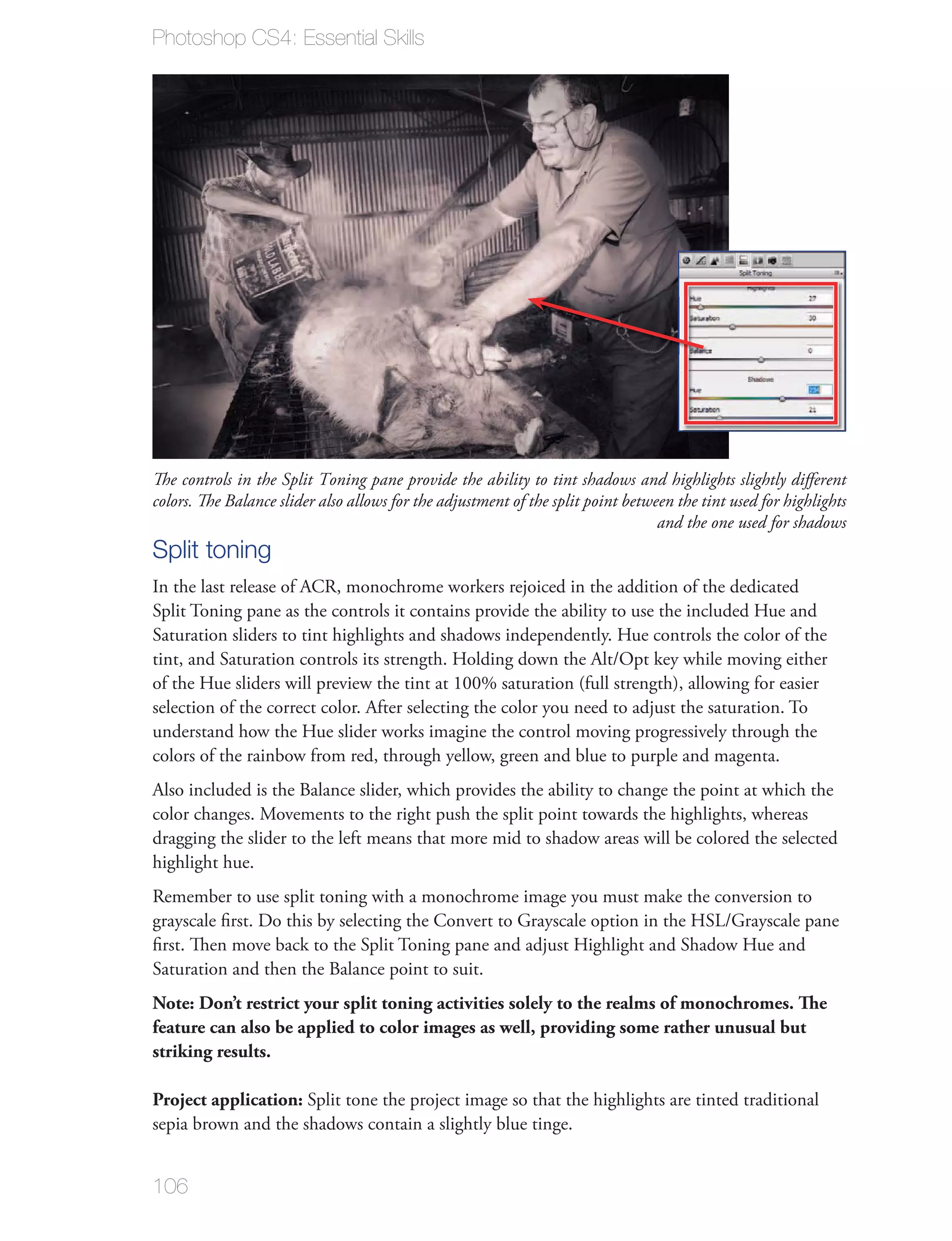 Photoshop CS4: Essential Skills




The controls in the Split Toning pane provide the ability to tint shadows and highlights slightly diﬀerent
colors. The Balance slider also allows for the adjustment of the split point between the tint used for highlights
                                                                                  and the one used for shadows
Split toning
In the last release of ACR, monochrome workers rejoiced in the addition of the dedicated
Split Toning pane as the controls it contains provide the ability to use the included Hue and
Saturation sliders to tint highlights and shadows independently. Hue controls the color of the
tint, and Saturation controls its strength. Holding down the Alt/Opt key while moving either
of the Hue sliders will preview the tint at 100% saturation (full strength), allowing for easier
selection of the correct color. After selecting the color you need to adjust the saturation. To
understand how the Hue slider works imagine the control moving progressively through the
colors of the rainbow from red, through yellow, green and blue to purple and magenta.
Also included is the Balance slider, which provides the ability to change the point at which the
color changes. Movements to the right push the split point towards the highlights, whereas
dragging the slider to the left means that more mid to shadow areas will be colored the selected
highlight hue.
Remember to use split toning with a monochrome image you must make the conversion to
grayscale ﬁrst. Do this by selecting the Convert to Grayscale option in the HSL/Grayscale pane
ﬁrst. Then move back to the Split Toning pane and adjust Highlight and Shadow Hue and
Saturation and then the Balance point to suit.
Note: Don’t restrict your split toning activities solely to the realms of monochromes. The
feature can also be applied to color images as well, providing some rather unusual but
striking results.

Project application: Split tone the project image so that the highlights are tinted traditional
sepia brown and the shadows contain a slightly blue tinge.


106
 
