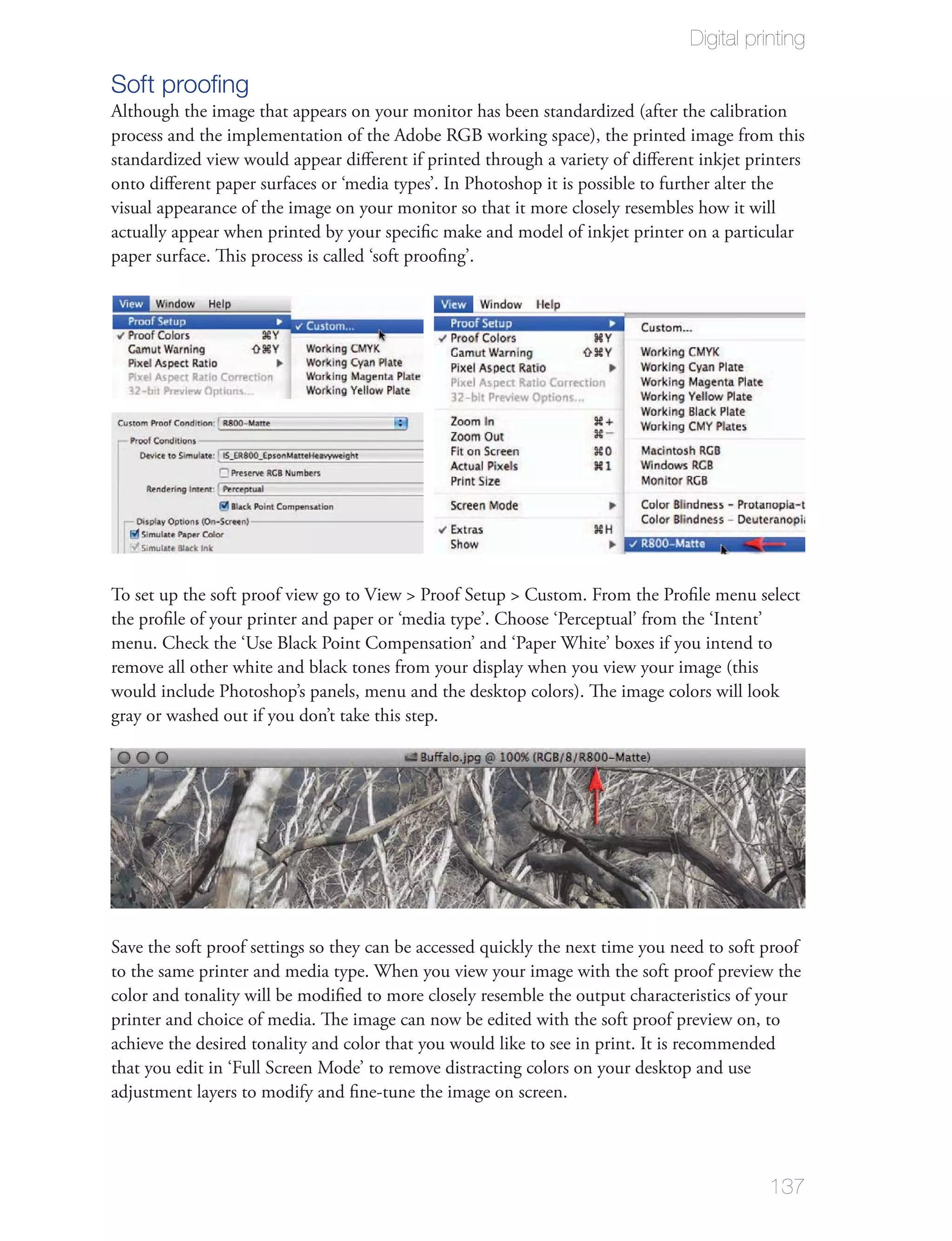 Digital printing

Soft prooﬁng
Although the image that appears on your monitor has been standardized (after the calibration
process and the implementation of the Adobe RGB working space), the printed image from this
standardized view would appear diﬀerent if printed through a variety of diﬀerent inkjet printers
onto diﬀerent paper surfaces or ‘media types’. In Photoshop it is possible to further alter the
visual appearance of the image on your monitor so that it more closely resembles how it will
actually appear when printed by your speciﬁc make and model of inkjet printer on a particular
paper surface. This process is called ‘soft prooﬁng’.




To set up the soft proof view go to View > Proof Setup > Custom. From the Proﬁle menu select
the proﬁle of your printer and paper or ‘media type’. Choose ‘Perceptual’ from the ‘Intent’
menu. Check the ‘Use Black Point Compensation’ and ‘Paper White’ boxes if you intend to
remove all other white and black tones from your display when you view your image (this
would include Photoshop’s panels, menu and the desktop colors). The image colors will look
gray or washed out if you don’t take this step.




Save the soft proof settings so they can be accessed quickly the next time you need to soft proof
to the same printer and media type. When you view your image with the soft proof preview the
color and tonality will be modiﬁed to more closely resemble the output characteristics of your
printer and choice of media. The image can now be edited with the soft proof preview on, to
achieve the desired tonality and color that you would like to see in print. It is recommended
that you edit in ‘Full Screen Mode’ to remove distracting colors on your desktop and use
adjustment layers to modify and ﬁne-tune the image on screen.




                                                                                            137
 