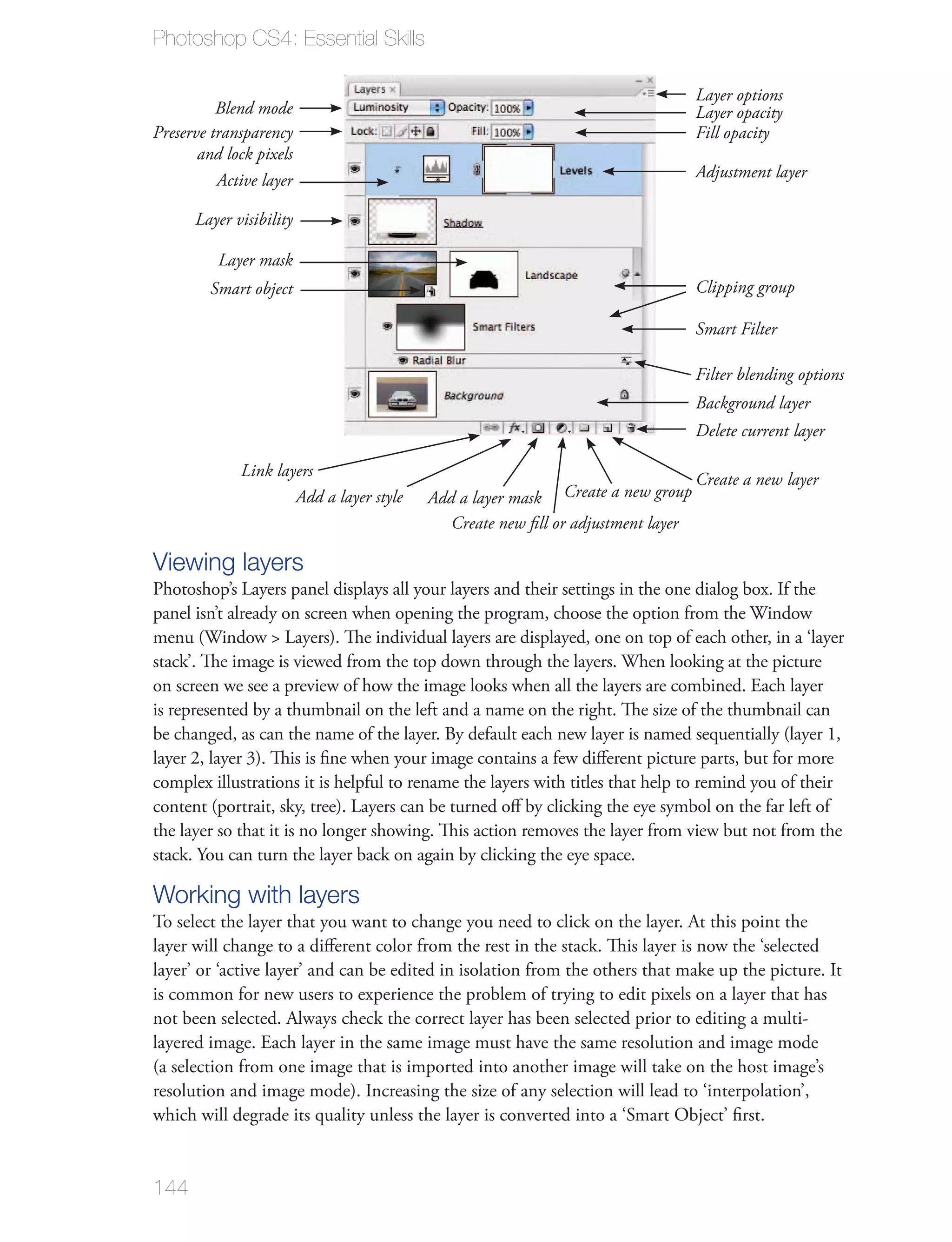 Photoshop CS4: Essential Skills

                                                                                 Layer options
          Blend mode                                                             Layer opacity
Preserve transparency                                                            Fill opacity
       and lock pixels
          Active layer                                                           Adjustment layer

      Layer visibility

          Layer mask
         Smart object                                                            Clipping group

                                                                                 Smart Filter

                                                                                 Filter blending options
                                                                                 Background layer
                                                                                 Delete current layer

             Link layers                                                         Create a new layer
                     Add a layer style   Add a layer mask Create a new group
                                            Create new ﬁll or adjustment layer

Viewing layers
panel isn’t already on screen when opening the program, choose the option from the Window

stack’. The image is viewed from the top down through the layers. When looking at the picture
on screen we see a preview of how the image looks when all the layers are combined. Each layer
is represented by a thumbnail on the left and a name on the right. The size of the thumbnail can
be changed, as can the name of the layer. By default each new layer is named sequentially (layer 1,
layer 2, layer 3). This is ﬁne when your image contains a few diﬀerent picture parts, but for more
complex illustrations it is helpful to rename the layers with titles that help to remind you of their

the layer so that it is no longer showing. This action removes the layer from view but not from the
stack. You can turn the layer back on again by clicking the eye space.

Working with layers
To select the layer that you want to change you need to click on the layer. At this point the
layer will change to a diﬀerent color from the rest in the stack. This layer is now the ‘selected
layer’ or ‘active layer’ and can be edited in isolation from the others that make up the picture. It
is common for new users to experience the problem of trying to edit pixels on a layer that has
not been selected. Always check the correct layer has been selected prior to editing a multi-
layered image. Each layer in the same image must have the same resolution and image mode
(a selection from one image that is imported into another image will take on the host image’s
resolution and image mode). Increasing the size of any selection will lead to ‘interpolation’,
which will degrade its quality unless the layer is converted into a ‘Smart Object’ ﬁrst.


144
 