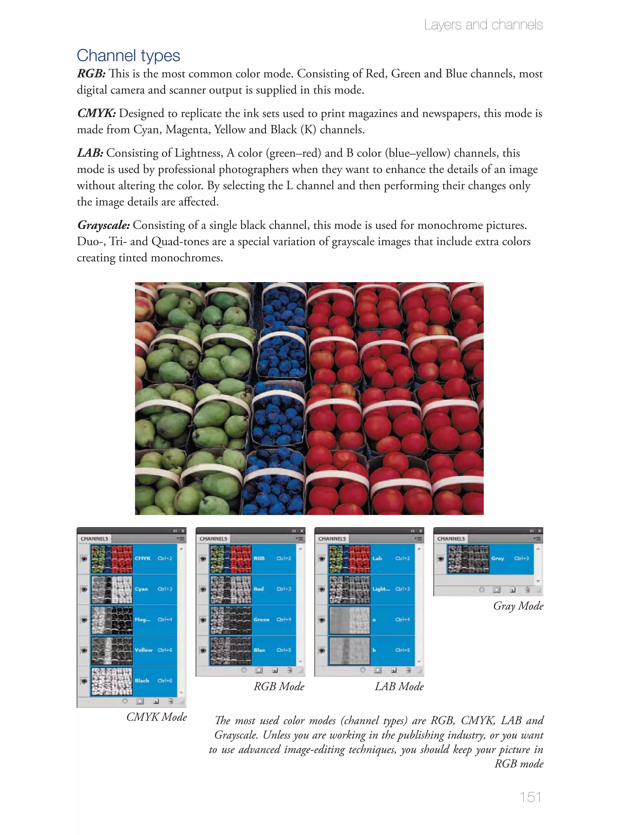 Layers and channels

Channel types
RGB:
digital camera and scanner output is supplied in this mode.
CMYK: Designed to replicate the ink sets used to print magazines and newspapers, this mode is


LAB:
mode is used by professional photographers when they want to enhance the details of an image

the image details are aﬀected.
Grayscale:
Duo-, Tri- and Quad-tones are a special variation of grayscale images that include extra colors
creating tinted monochromes.




                                                                                         Gray Mode




                                    RGB Mode                   LAB Mode

          CMYK Mode         The most used color modes (channel types) are RGB, CMYK, LAB and
                            Grayscale. Unless you are working in the publishing industry, or you want
                           to use advanced image-editing techniques, you should keep your picture in
                                                                                           RGB mode

                                                                                               151
 