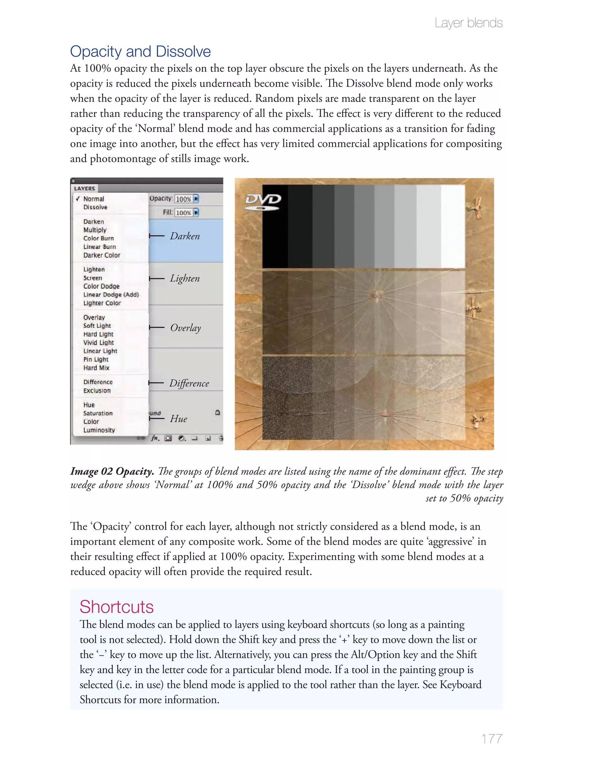 Layer blends

Opacity and Dissolve
At 100% opacity the pixels on the top layer obscure the pixels on the layers underneath. As the
opacity is reduced the pixels underneath become visible. The Dissolve blend mode only works
when the opacity of the layer is reduced. Random pixels are made transparent on the layer
rather than reducing the transparency of all the pixels. The eﬀect is very diﬀerent to the reduced
opacity of the ‘Normal’ blend mode and has commercial applications as a transition for fading
one image into another, but the eﬀect has very limited commercial applications for compositing
and photomontage of stills image work.




                       Darken


                       Lighten



                       Overlay




                       Diﬀerence


                       Hue



Image 02 Opacity. The groups of blend modes are listed using the name of the dominant eﬀect. The step
wedge above shows ‘Normal’ at 100% and 50% opacity and the ‘Dissolve’ blend mode with the layer
                                                                                  set to 50% opacity

The ‘Opacity’ control for each layer, although not strictly considered as a blend mode, is an
important element of any composite work. Some of the blend modes are quite ‘aggressive’ in
their resulting eﬀect if applied at 100% opacity. Experimenting with some blend modes at a
reduced opacity will often provide the required result.


  Shortcuts
  The blend modes can be applied to layers using keyboard shortcuts (so long as a painting

  the ‘−’ key to move up the list. Alternatively, you can press the Alt/Option key and the Shift
  key and key in the letter code for a particular blend mode. If a tool in the painting group is
  selected (i.e. in use) the blend mode is applied to the tool rather than the layer. See Keyboard
  Shortcuts for more information.


                                                                                                 177
 