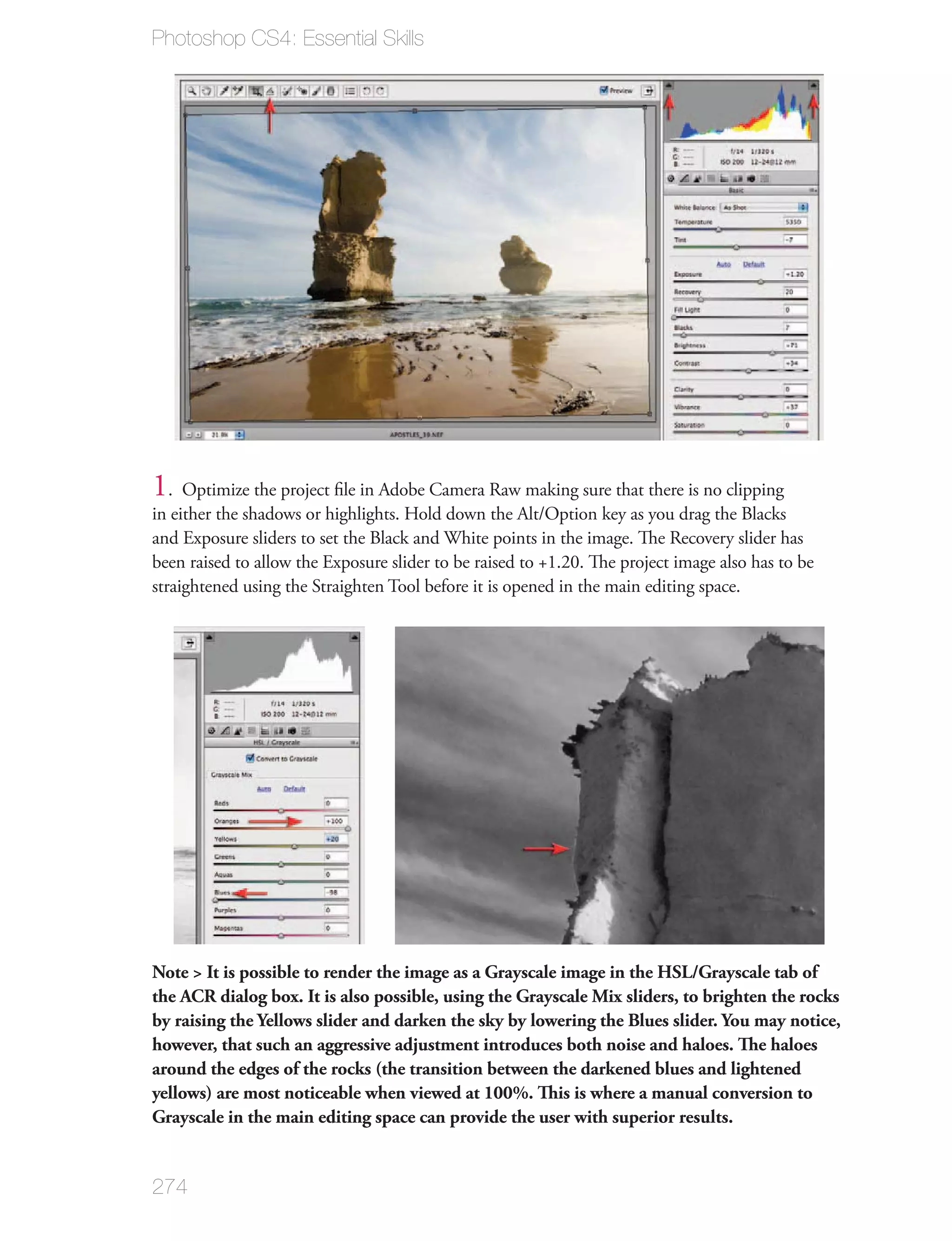Photoshop CS4: Essential Skills




1. Optimize the project ﬁle in Adobe Camera Raw making sure that there is no clipping
in either the shadows or highlights. Hold down the Alt/Option key as you drag the Blacks
and Exposure sliders to set the Black and White points in the image. The Recovery slider has
been raised to allow the Exposure slider to be raised to +1.20. The project image also has to be
straightened using the Straighten Tool before it is opened in the main editing space.




Note > It is possible to render the image as a Grayscale image in the HSL/Grayscale tab of
the ACR dialog box. It is also possible, using the Grayscale Mix sliders, to brighten the rocks
by raising the Yellows slider and darken the sky by lowering the Blues slider. You may notice,
however, that such an aggressive adjustment introduces both noise and haloes. The haloes
around the edges of the rocks (the transition between the darkened blues and lightened
yellows) are most noticeable when viewed at 100%. This is where a manual conversion to
Grayscale in the main editing space can provide the user with superior results.


274
 